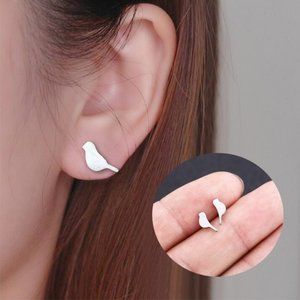 Silver Boho Brushed Silver Bird Stud Earrings OS